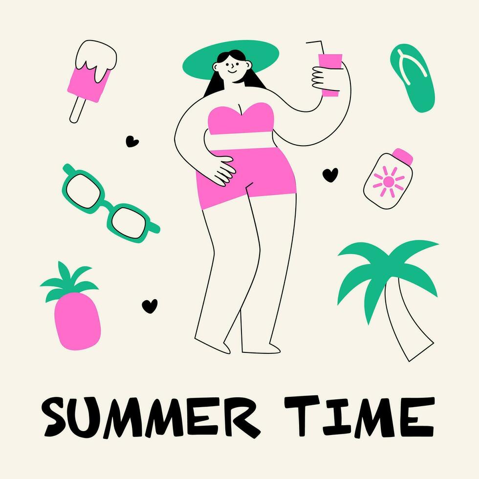 gracioso niña en un sombrero broncearse en verano. un mujer con un cóctel a un playa fiesta. verano tiempo, vacaciones, fines de semana vector