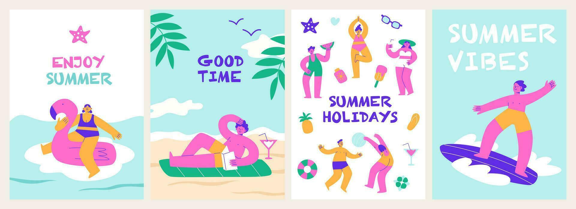 un conjunto de verano postales personas son en vacaciones a el mar. mujer y hombres nadar, tomar el sol, navegar. letras, póster vector