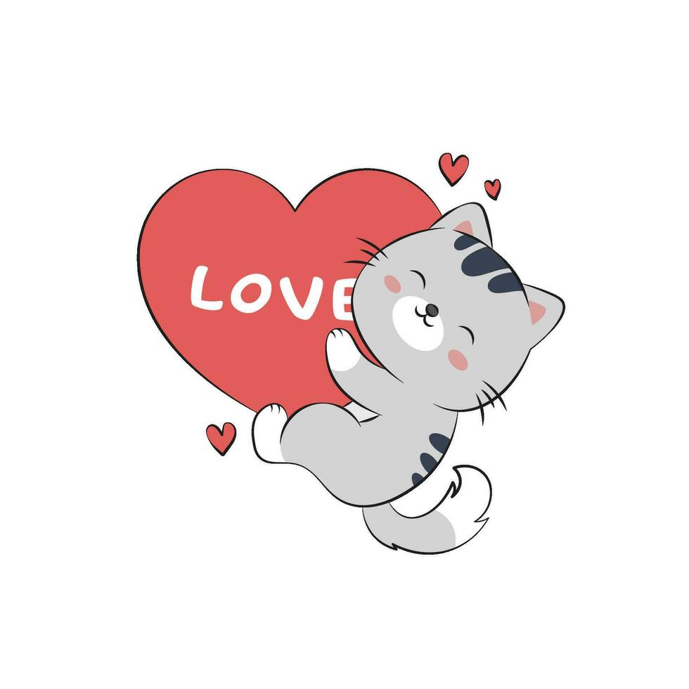 Cute cat with a love balloon. Vector illustration of a funny kitten