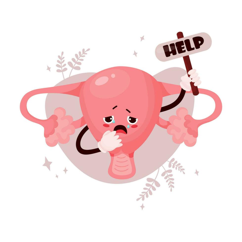 Sad female cartoon uterus. Suffering of diseased human reproductive organ. Cute character crying and asking for help. Vector illustration. Disease and pain attack concept.