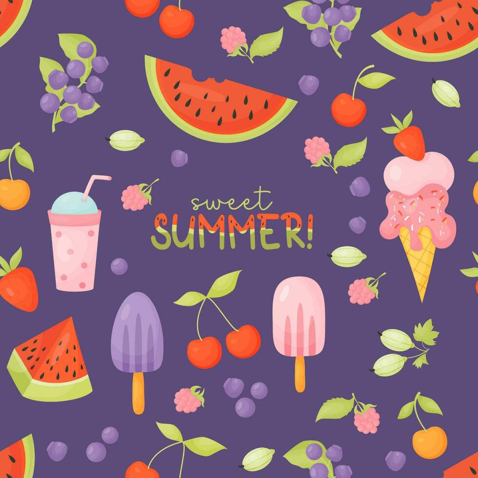 Sweet summer. Seamless pattern with sweet food, berries and fruits, ice cream and cocktail on purple background. Vector illustration in cartoon style.