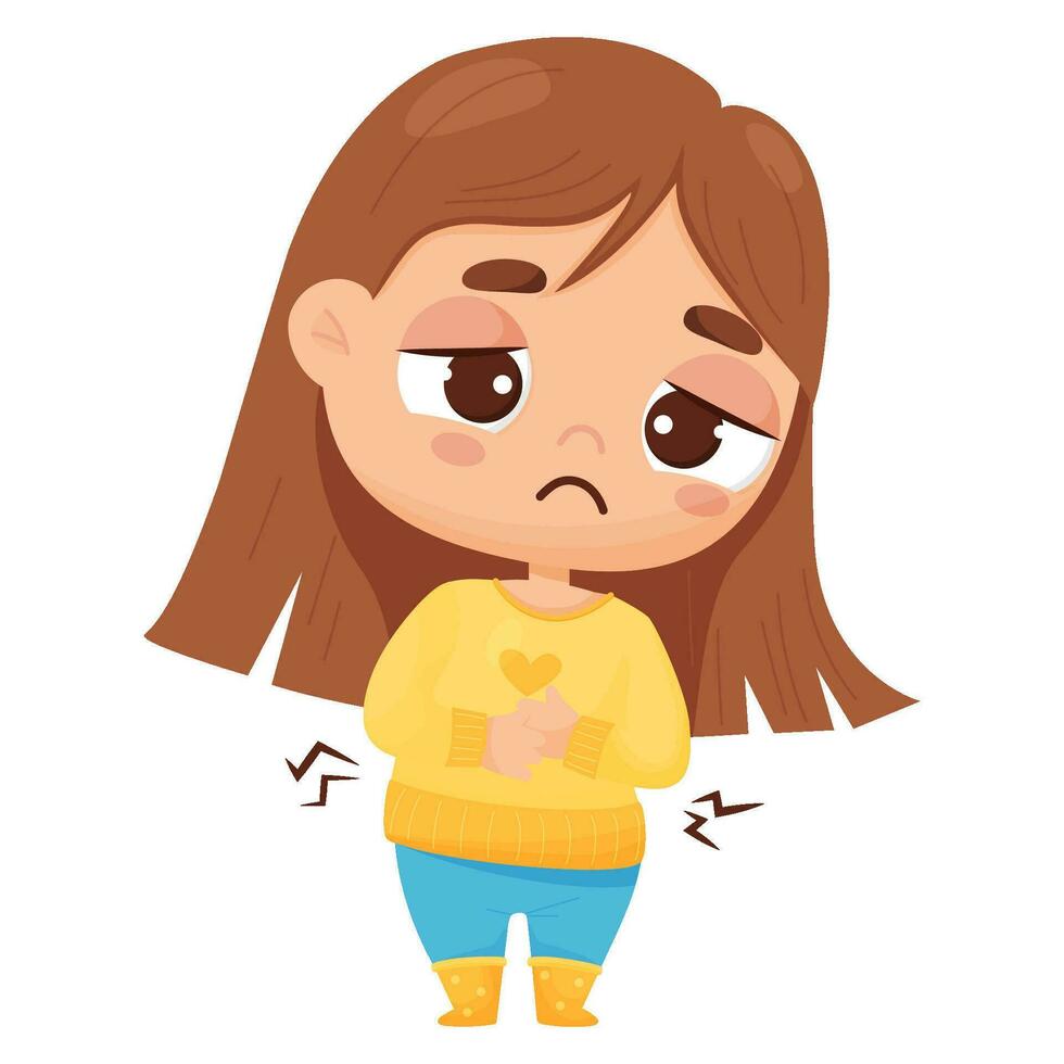 Suffering sick girl. Child is holding his stomach. Pain in thestomach and abdomen, spasms. Vector illustration. Sad female kid character in cartoon style.