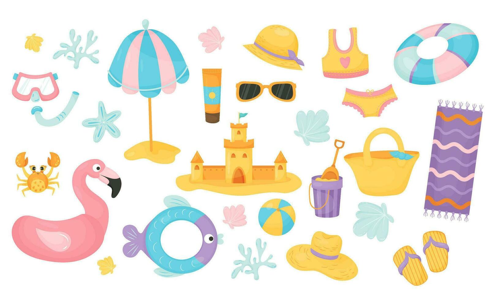 Summer collection. Sand castle, sun umbrella, life buoy, flamingos, ball, beach items and shells, mask with snorkel, crab and swimsuit. Vector illustration in cartoon style. Isolated elements.