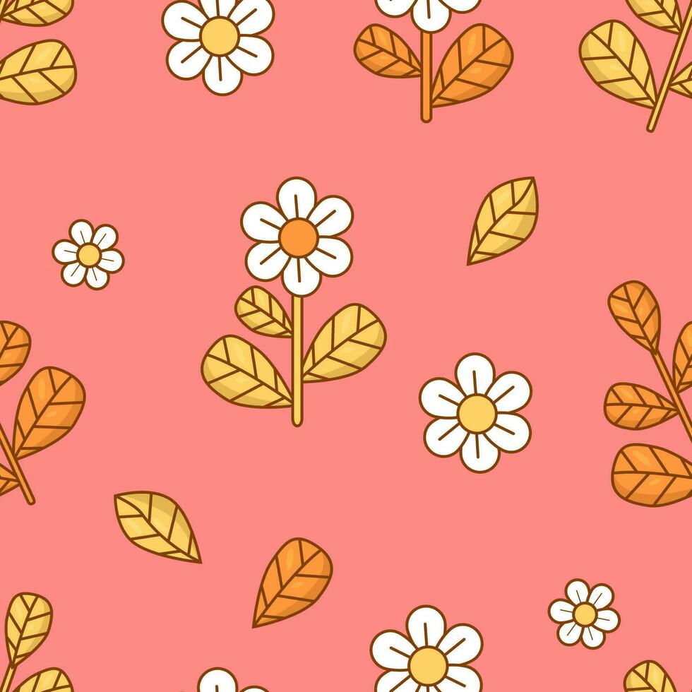 Floral seamless pattern with flower on pink background. Groovy vector Illustration for wallpaper, design, textile, packaging, decor.