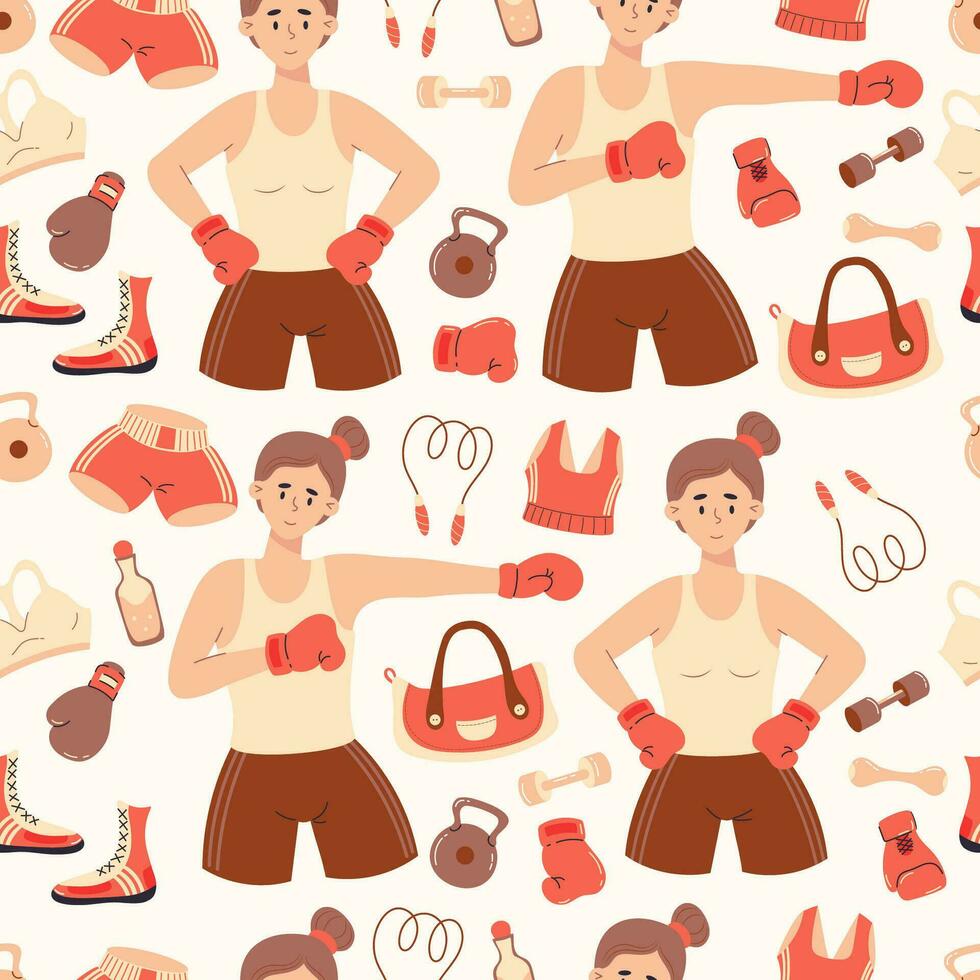 Seamless pattern female sport. Cute girls sportswomen boxers, sports equipment, sportswear and shoes on white background. Vector illustration in cartoon flat style.