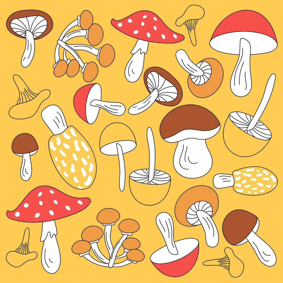 Mushroom background in trendy colors. Autumn set of cool mushrooms. A collection of wild mushrooms in cartoon doodle style with incomplete painting. vector