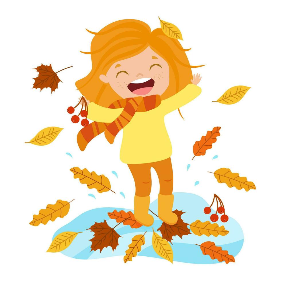 Cheerful little girl playing with autumn leaves and jumping in a puddle. Cartoon-style vector illustration isolated on a white background.