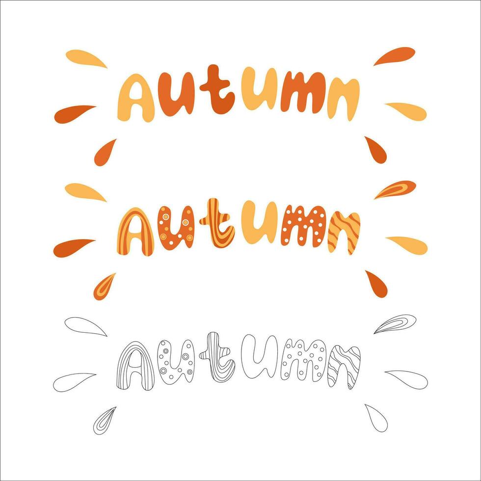 Three spellings of the word autumn with and without color, multi colored and black and white, lettering of the autumn season. vector