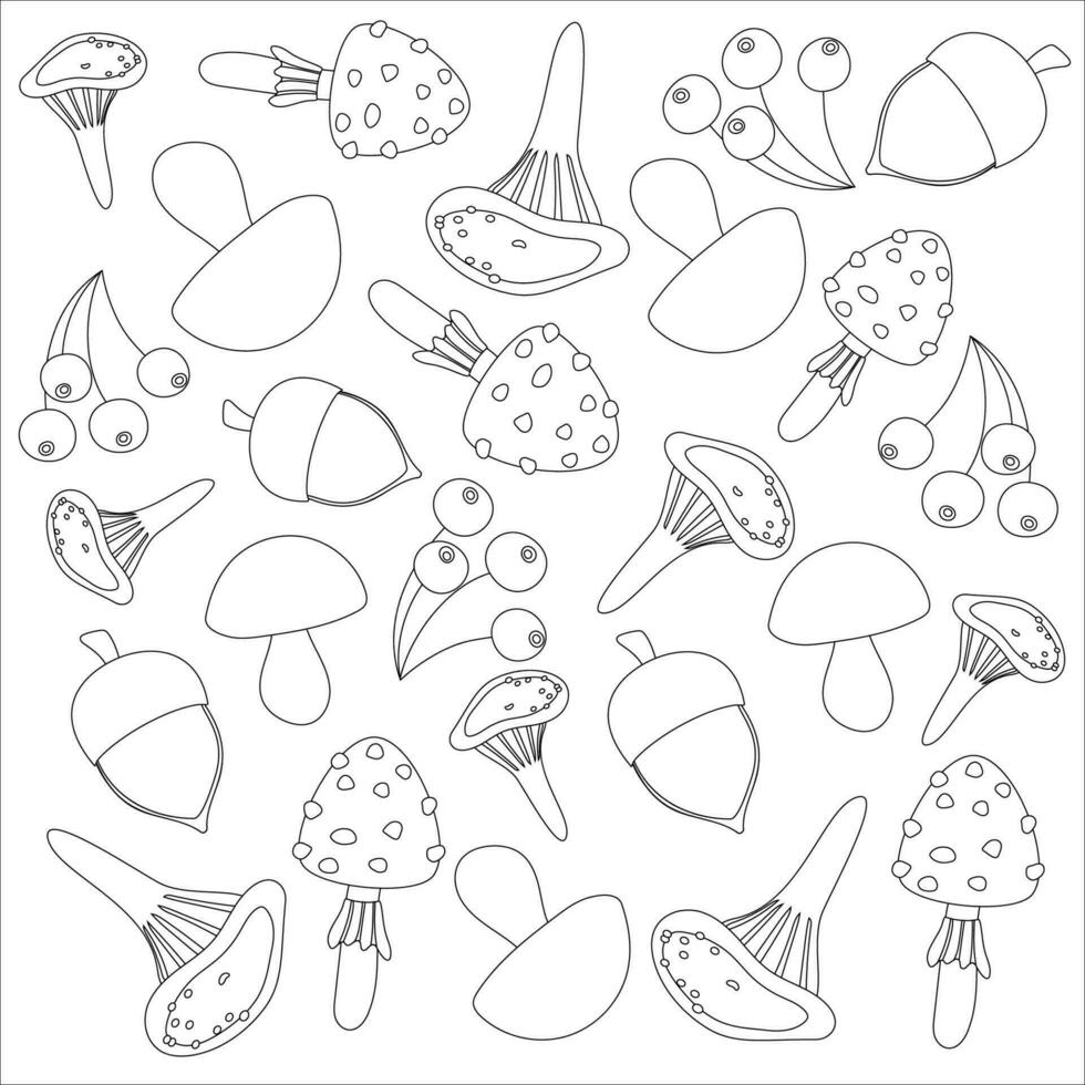 Mushrooms black line stroke for children's books and coloring peges. A set of autumn wild mushrooms in black and white. vector