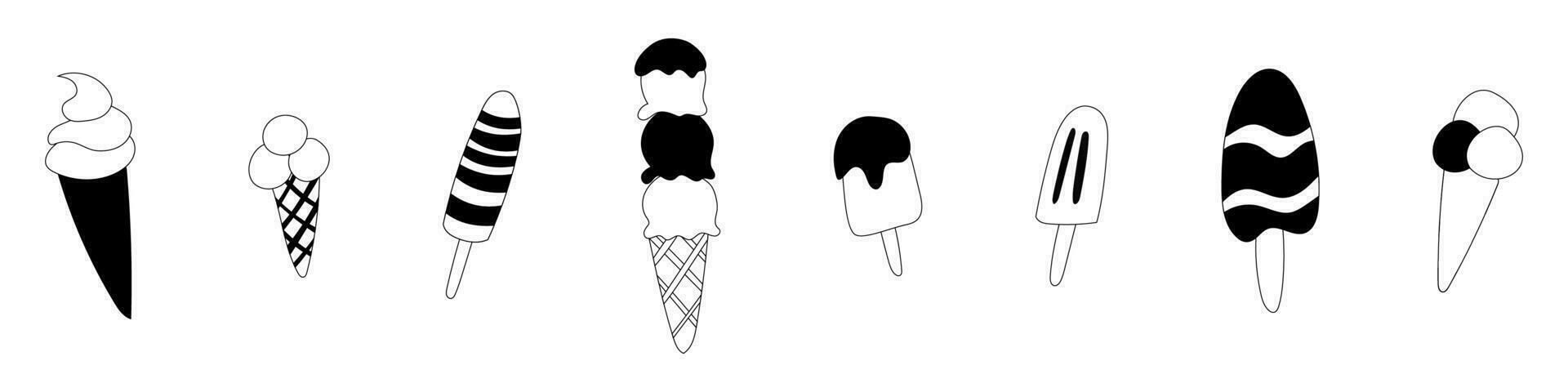 Vector illustration of a collection of ice cream on a stick and in a waffle cone. Black and white. A doodle style ice cream set is isolated on a white background.