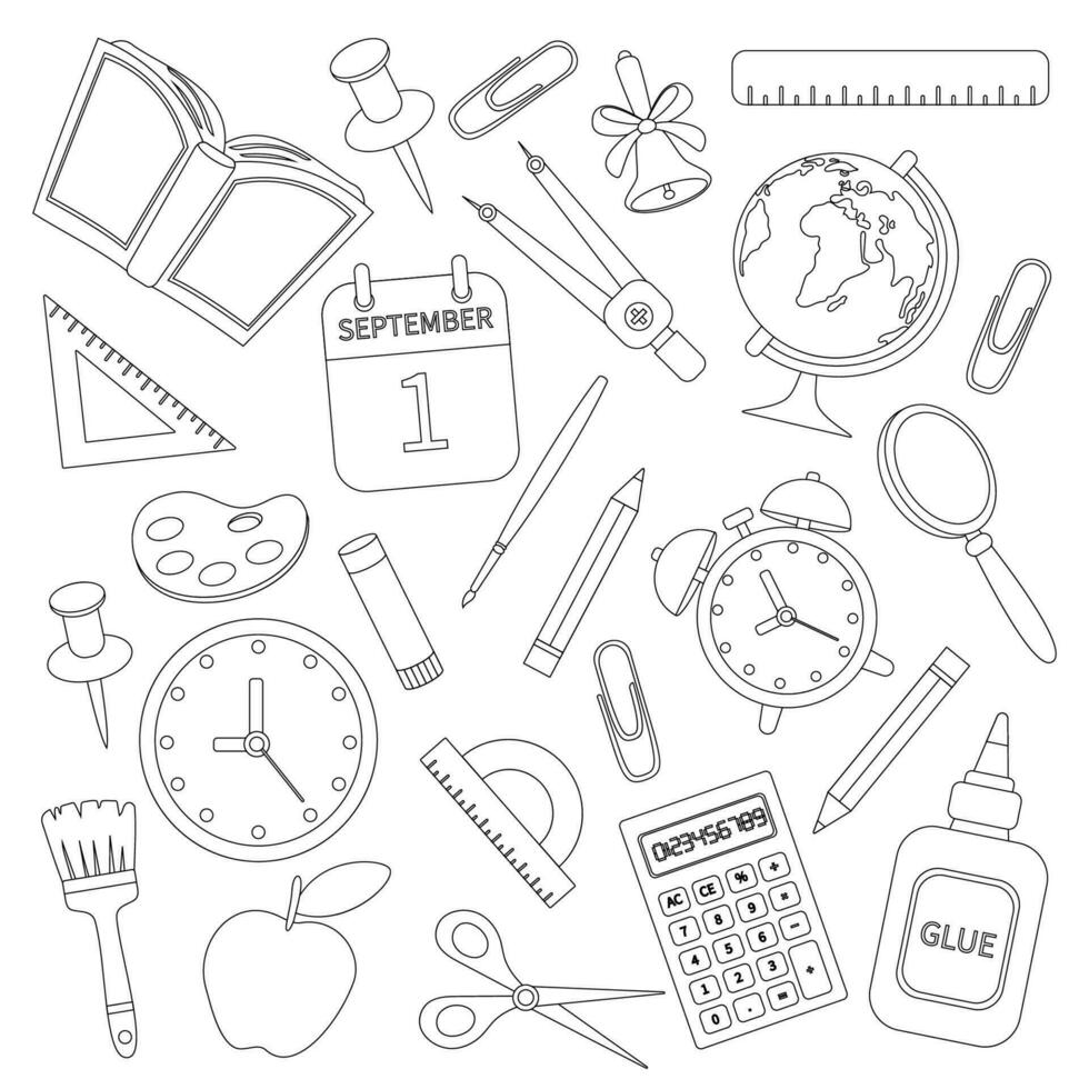 School supplies for the first of September in the style of doodle, isolated on a white background. Collection of doodles of black and white school items, office stationery. vector