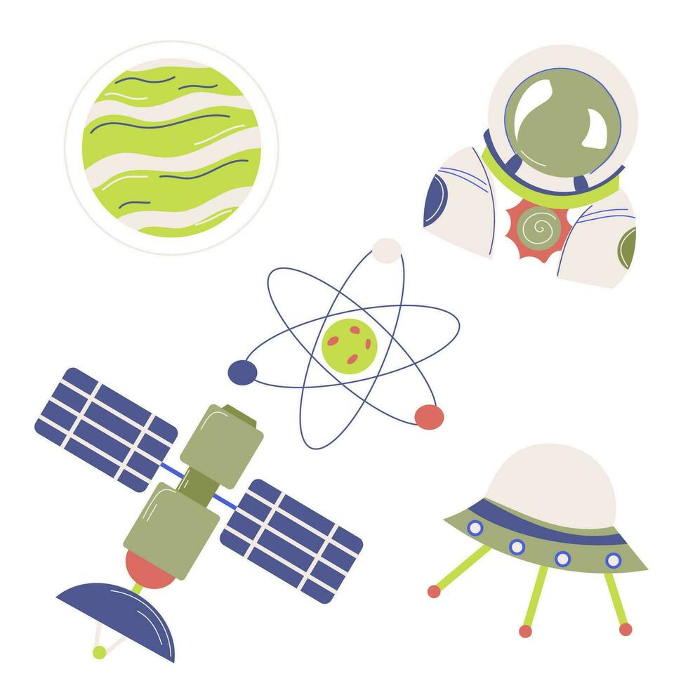 Cosmos space vector illustration set. Planet, Cosmonaut, Artificial Satellite, Galaxy Astronaut vector flat ilustration.