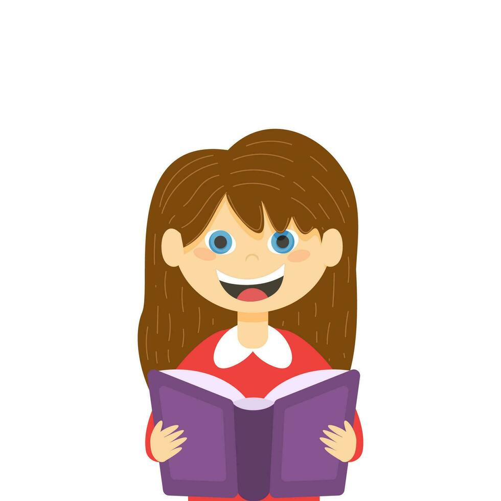 un estudiante o alumno leyendo un libro, artístico literatura, aprendizaje nuevo cosas, colegio tiempo. dibujos animados niña leyendo un libro en aislamiento en un blanco antecedentes. vector