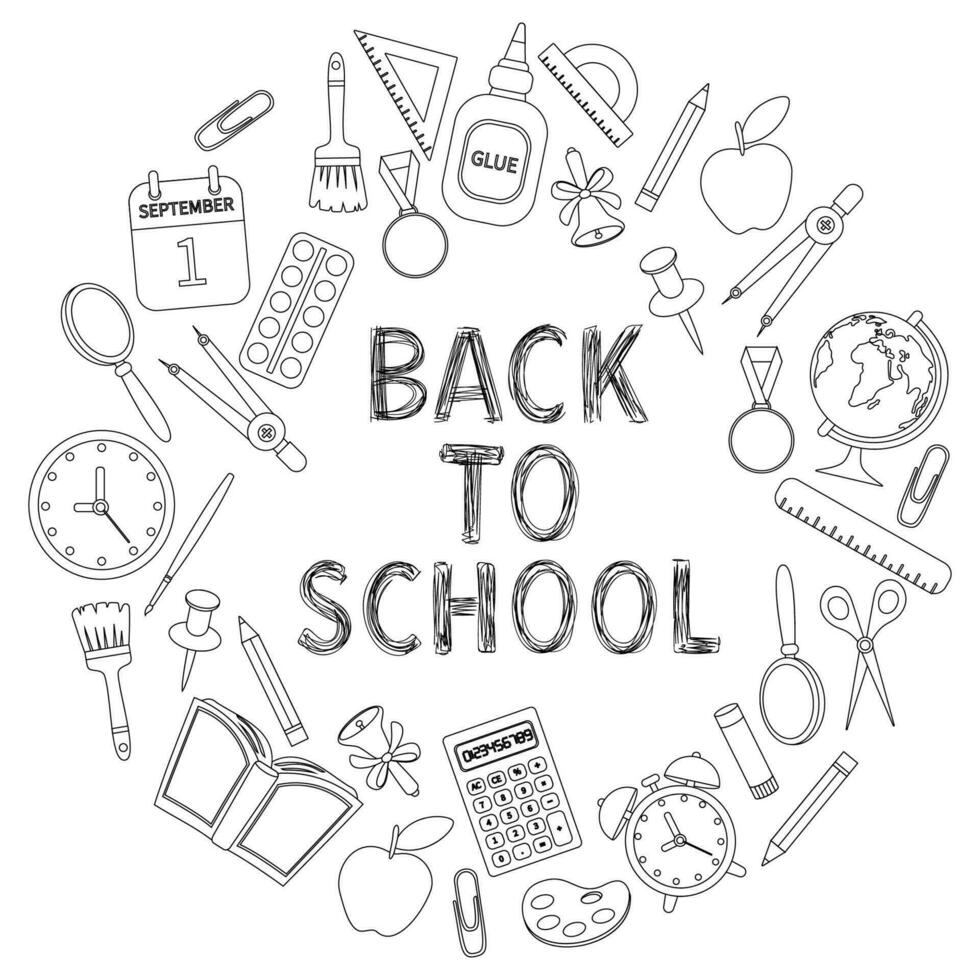 School supplies for the first of September in the style of doodle, isolated on a white background. Black and white composition of stationery back to school. vector