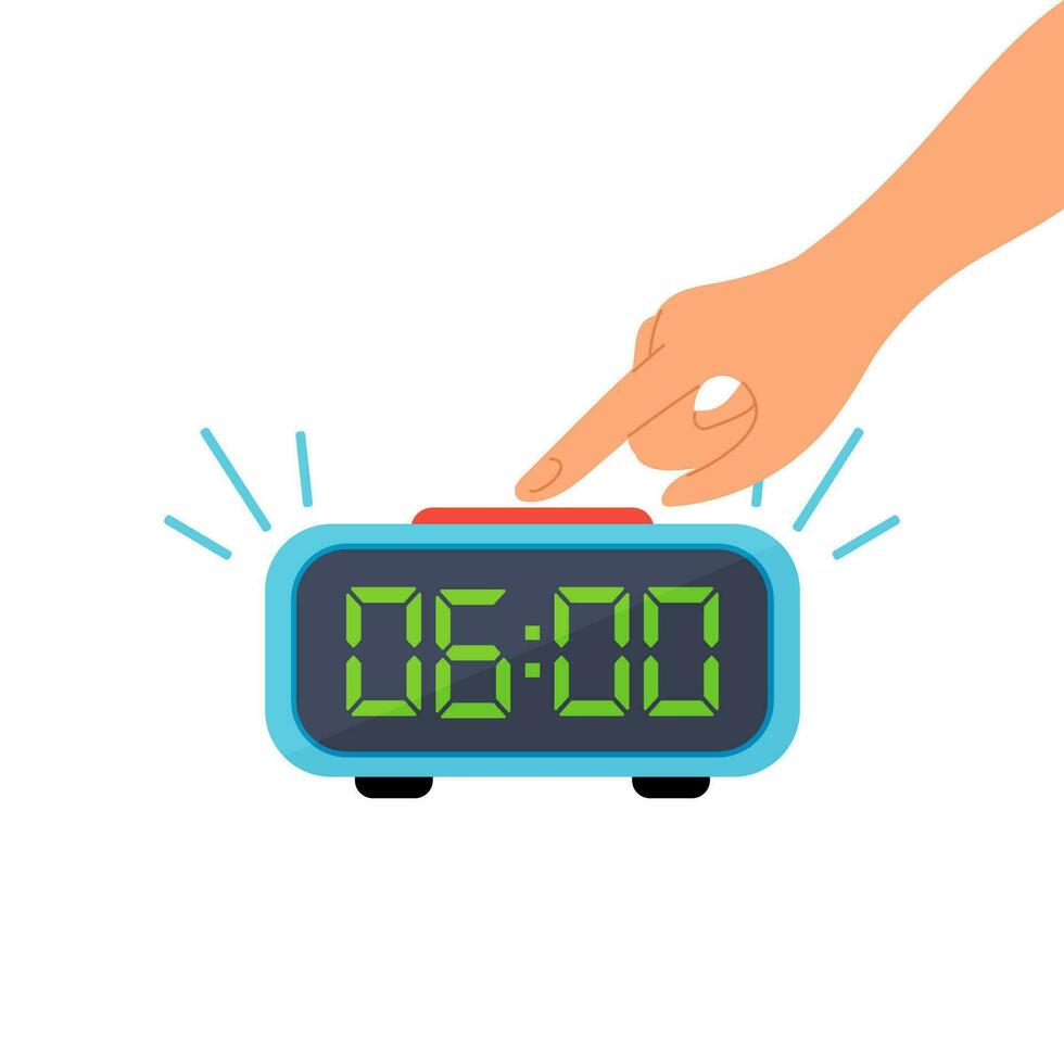 A ringing alarm clock and a hand that turns off the alarm clock. Electronic clock alarm clock with hand in cartoon style isolated on a white background. vector