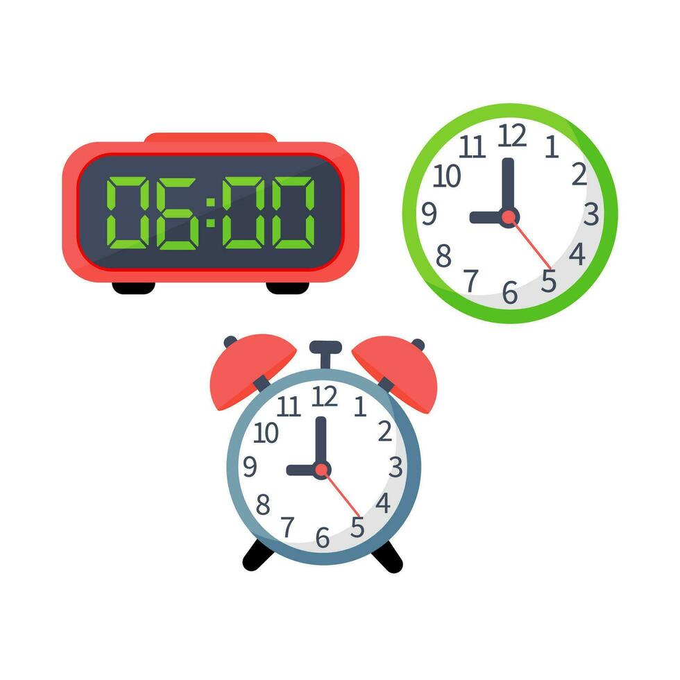 Wall clocks, interior objects, things for the home, a collection of clocks. A set of alarm clocks and a cartoon style clock isolated on a white background. vector
