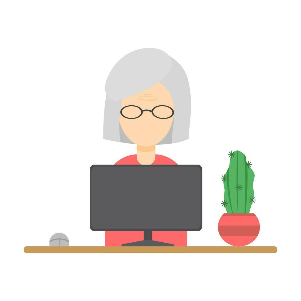 abuela trabajos a el computadora, trabajo independiente, remoto, antiguo personas y tecnología. un mayor mujer trabajos a un computadora. pensionistas y tecnología. vector