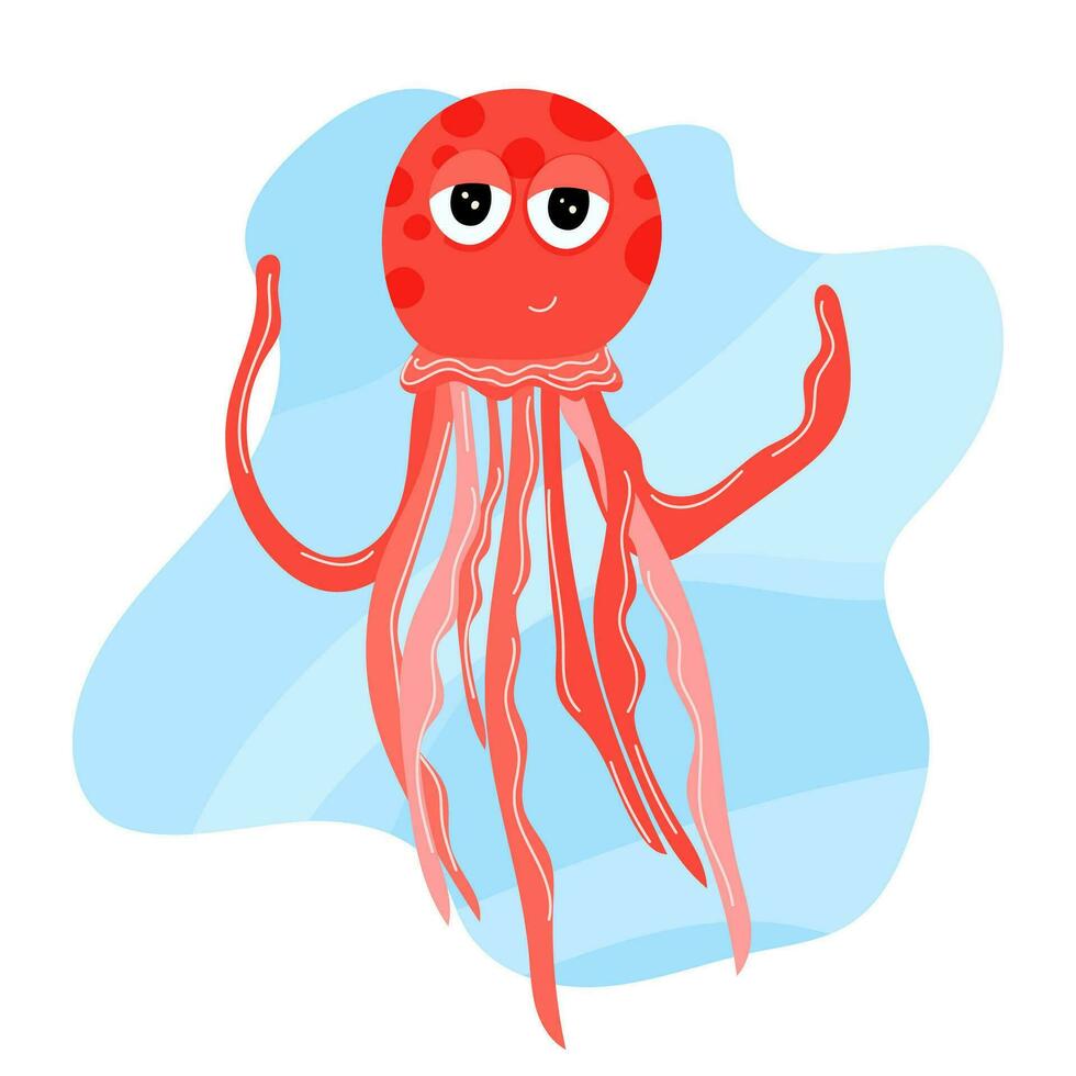 Marine life, jellyfish, swims underwater, sea season, sea, beach, ocean. Cute red jellyfish in cartoon style on a marine background. vector