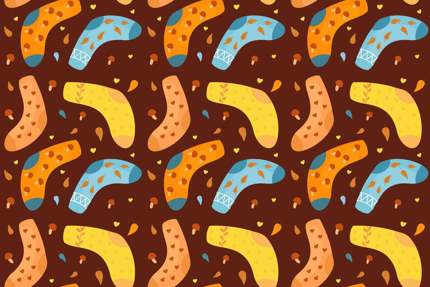 Socks, mushrooms, autumn motifs, autumn mood pattern. Autumn sock pattern. Seamless background in the colors of autumn. vector