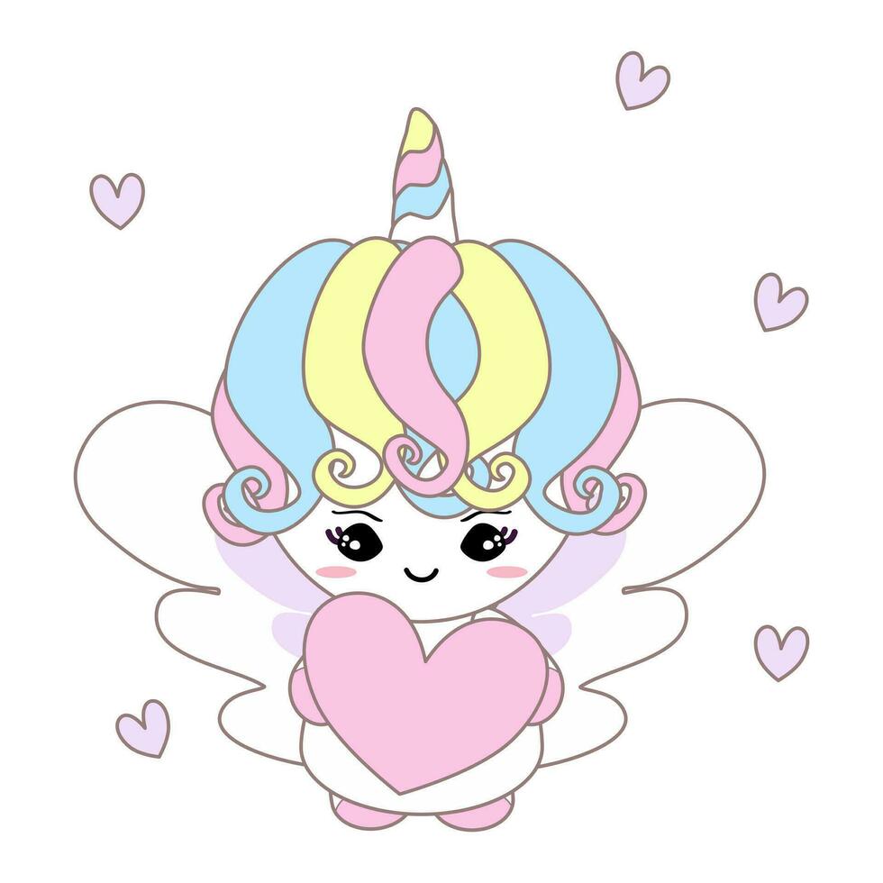 unicornio ángel linda bebé unicornio con alas participación corazón. enamorado, amar, cumpleaños, madre, padres día, bebé ducha decoración. dibujos animados personaje aislado en blanco antecedentes vector