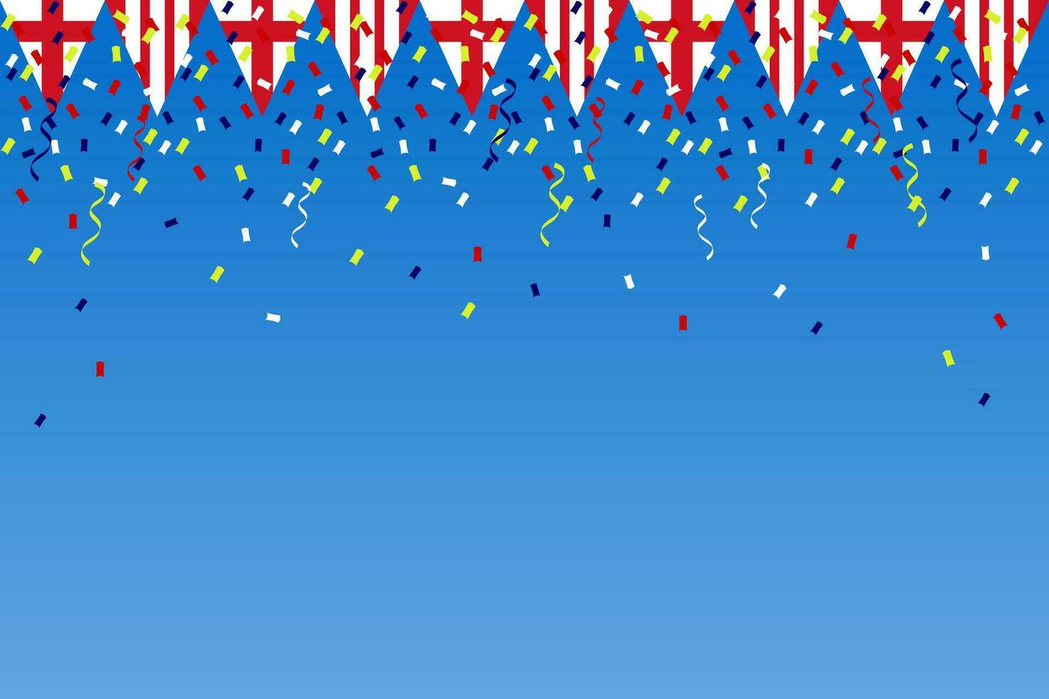 English flag bunting  garland. England celebration football sport champion match confetti, cap, ball, sky background banner. Vector illustration. Ceremony party parade, festival background .