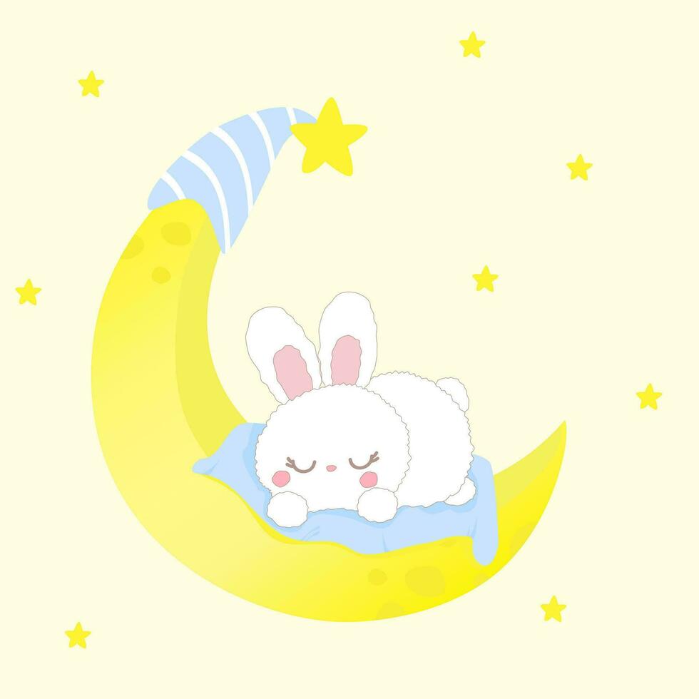 Sleeping rabbit bunny cartoon character. Adorable white rabbit sleeping on the crescent moon  with star background. Bedtime story. vector