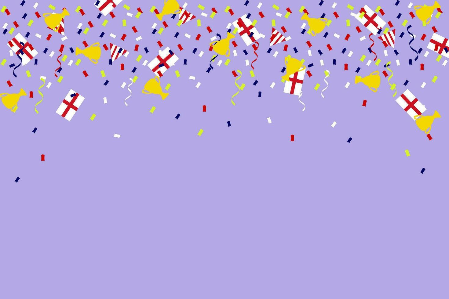English flag bunting  garland. England celebration football sport champion match confetti, cap, ball, sky background banner. Vector illustration. Ceremony party parade, festival background .