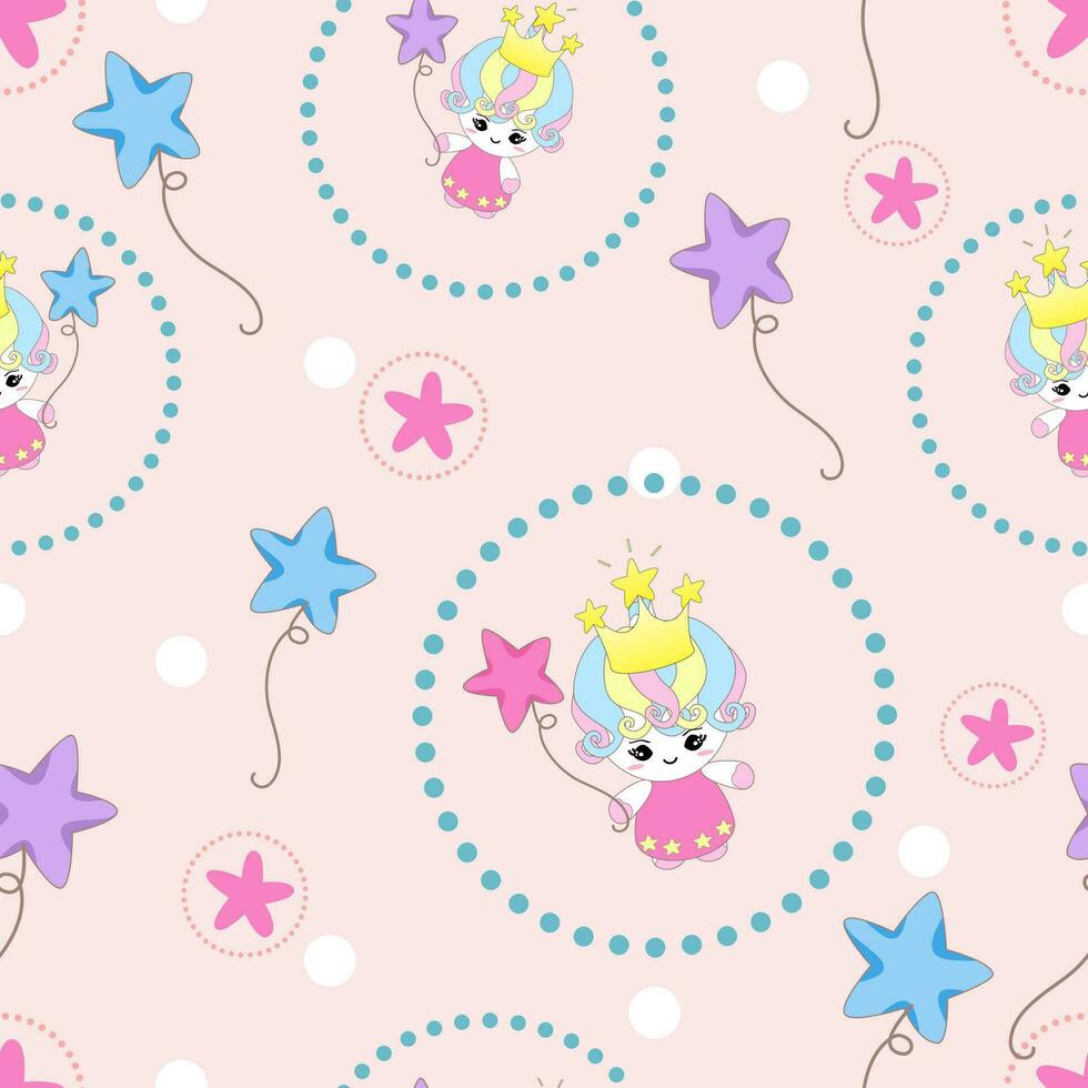 Princess unicorn baby with star balloons pattern seamless vector illustration.