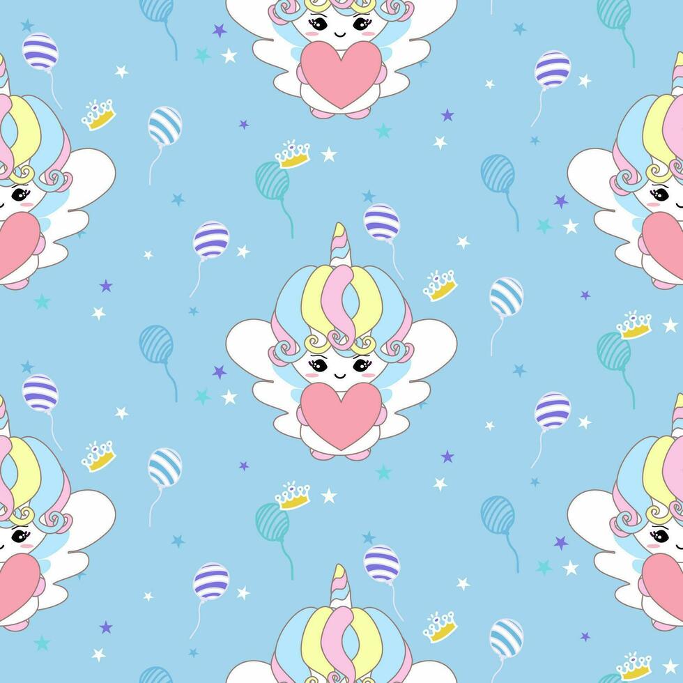 Unicorn angel Pattern cupid and balloons heart. Baby Unicorn Seamless pattern cupid cartoon character background for card, baby shower, Valentines day, wedding, Mother's Day , Father's Day. vector
