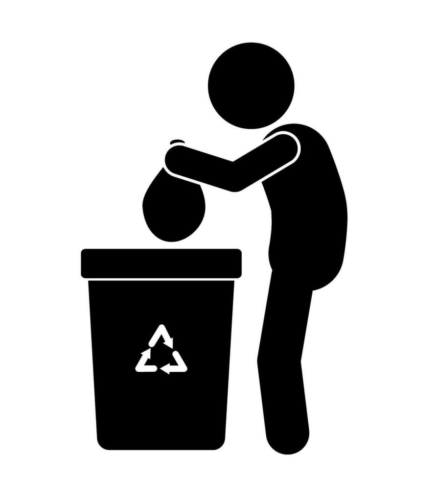 Icon and illustration of a stick figure disposing of trash. vector