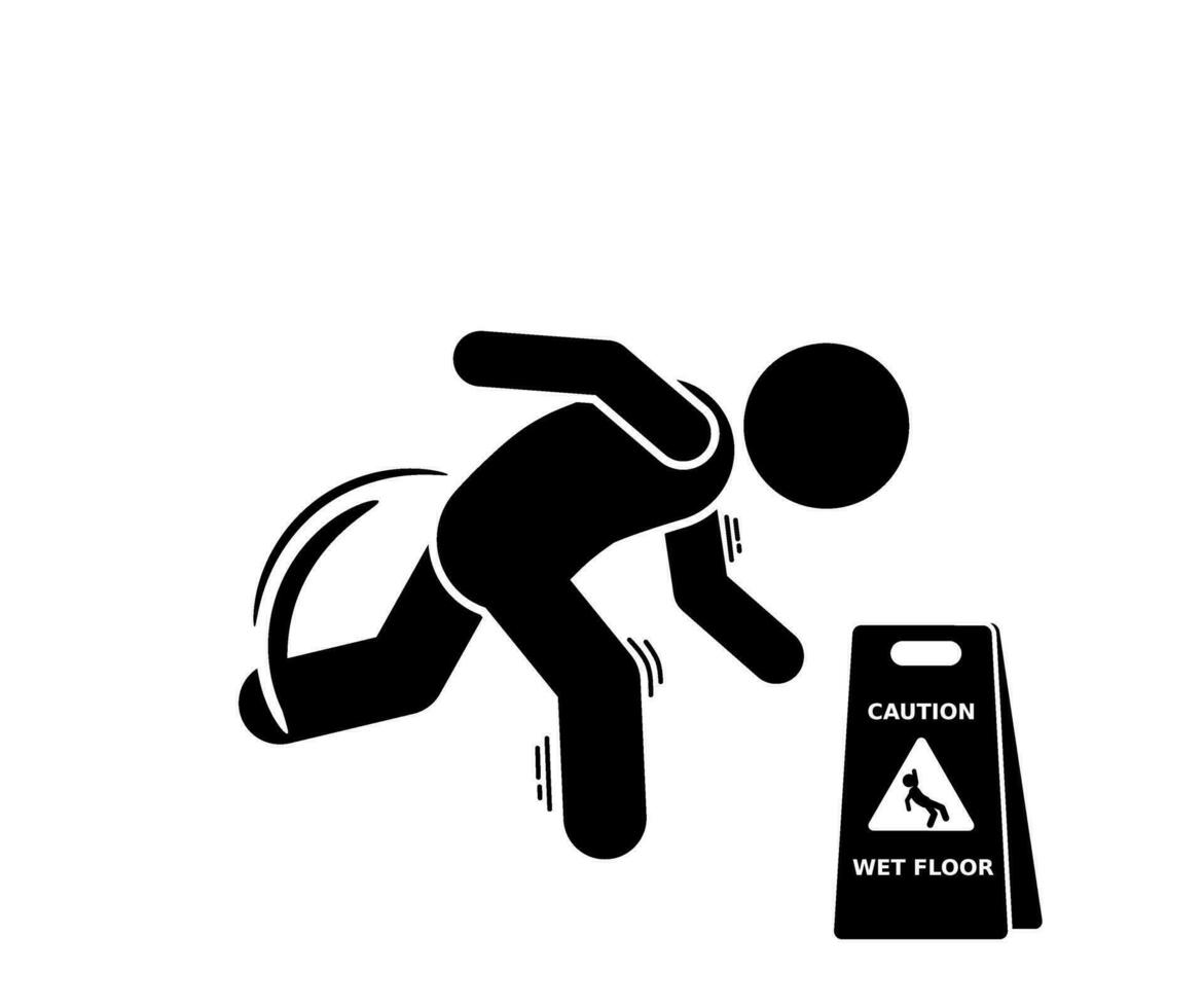 Slippery floor causes stick figure to slip and fall. vector