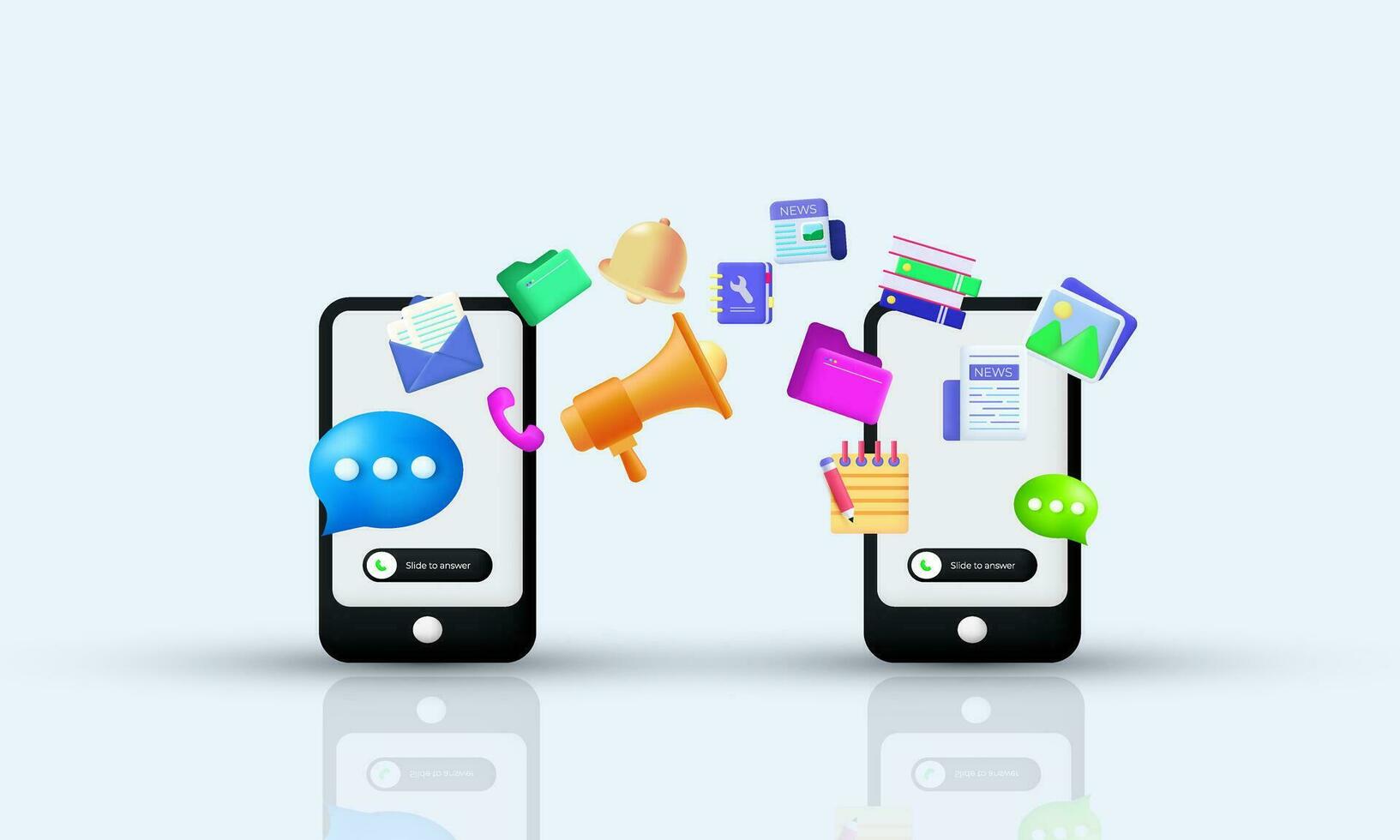 3d realistic cartoon smartphone file sharing data service digital trendy modern style object symbols isolated on background vector