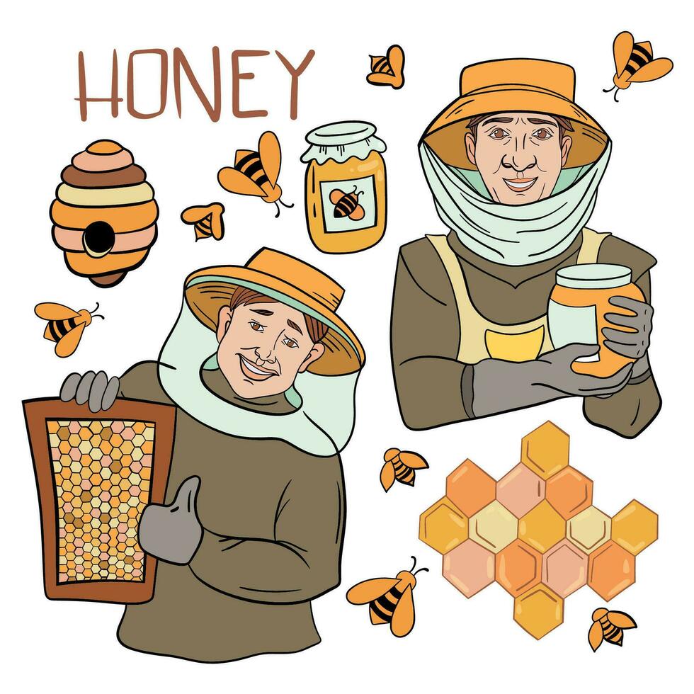 miel colocar. panales, abeja, miel en vaso frasco, de madera miel cazo, miel en metal cuchara y flores aislado en blanco antecedentes. vector ilustración de orgánico natural dulces en dibujos animados plano estilo