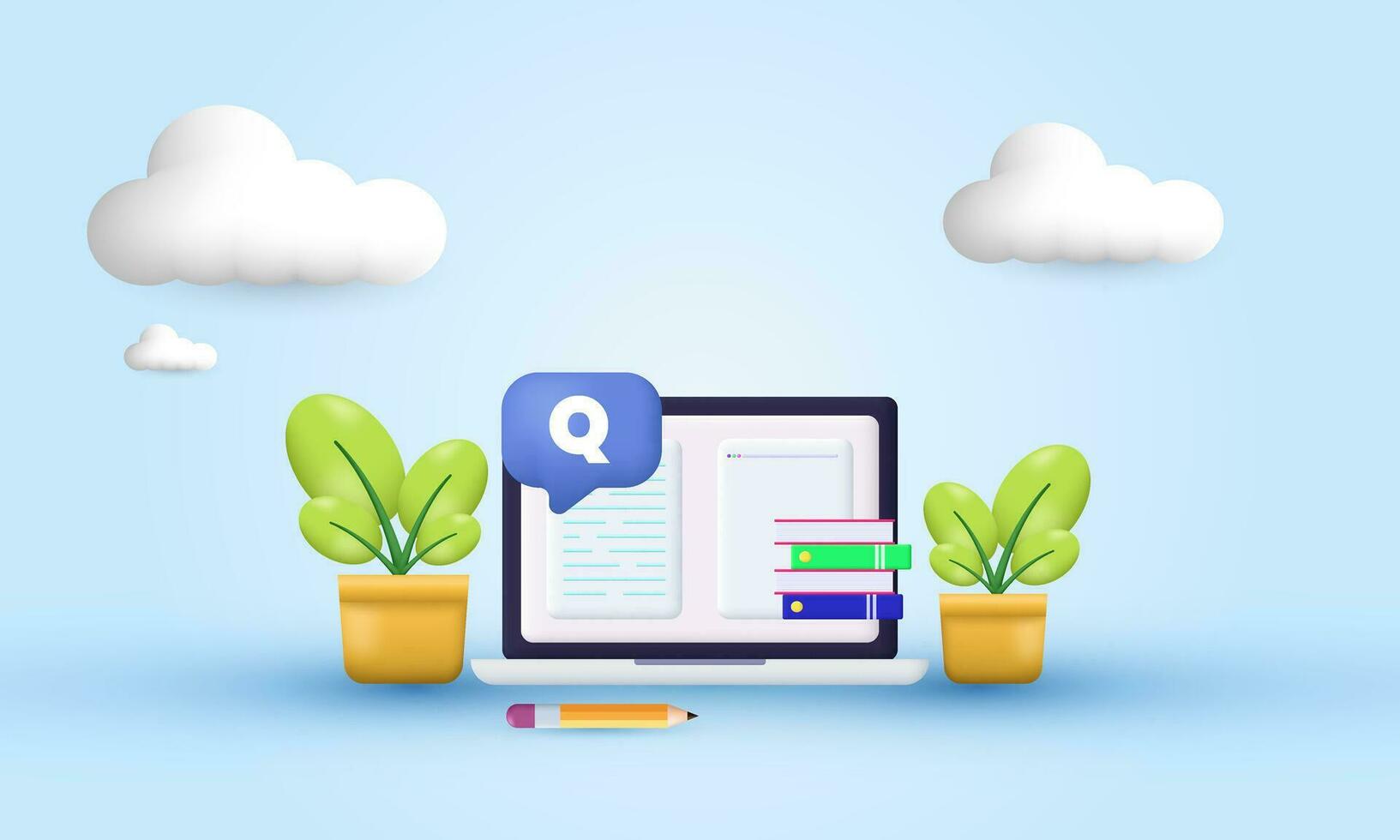 illustration 3d icon online education book pages question symbols isolated on background vector