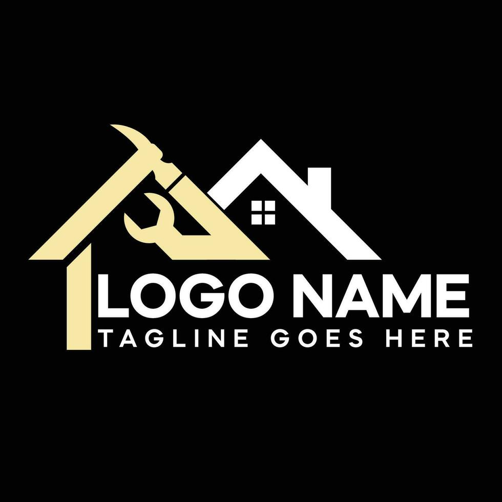 renovation logo with house illustration, hammer and paint vector design