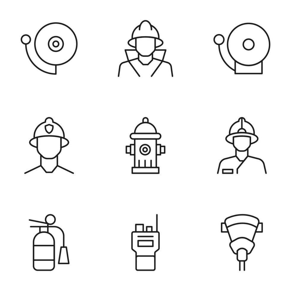 Collection of vector isolated signs drawn in line style. Editable stroke. Icons of fire alarm, fireman, radio, protective mask, extinguisher