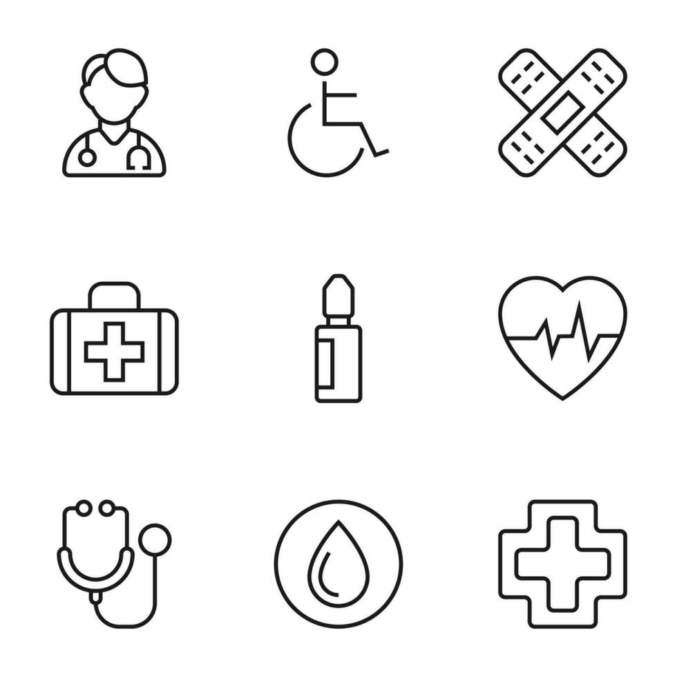 Collection of vector isolated signs drawn in line style. Editable stroke. Icons of doctor, disabled person, medical tape, medical suitcase, spray, pulse, stethoscope, drop, medical cross