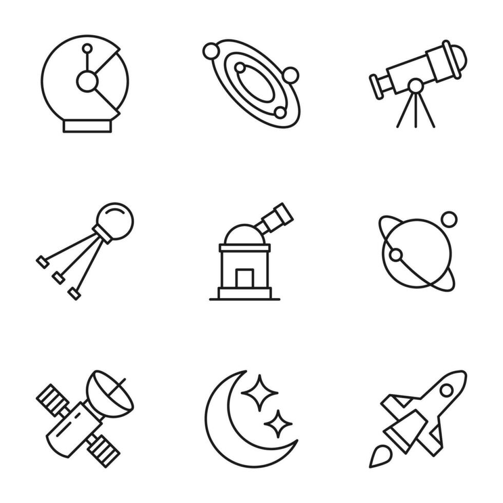 Collection of vector isolated signs drawn in line style. Editable stroke. Icons of astronaut, planets, telescope, satellite, planet, The Moon, spacecraft