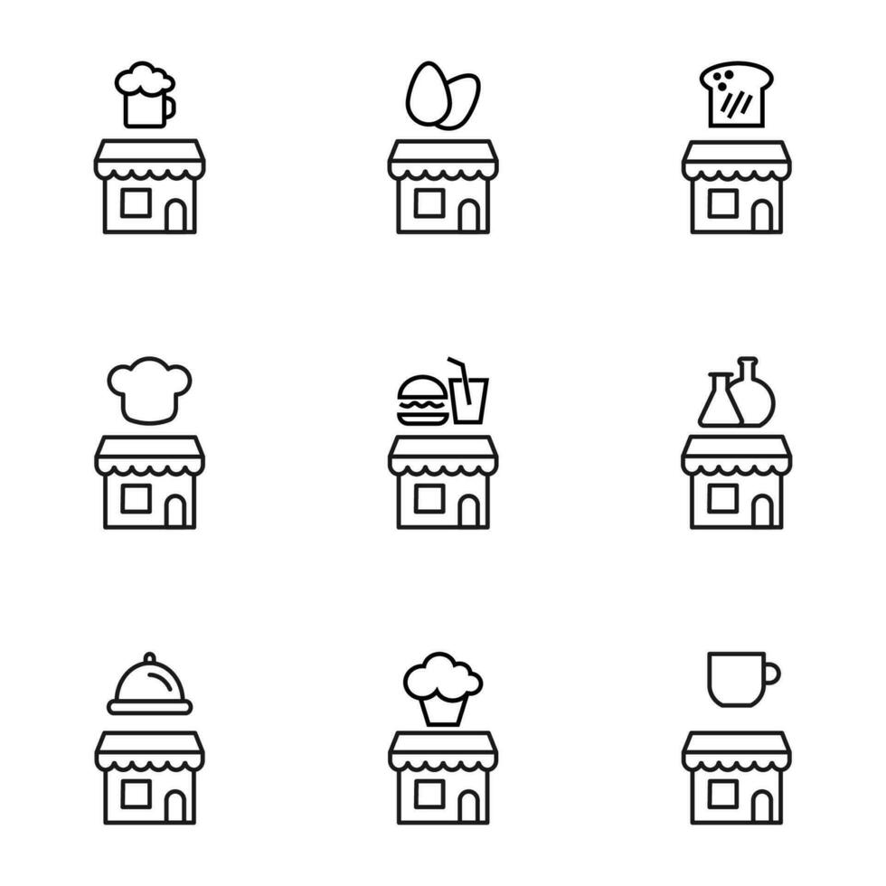 Vector outline signs and symbols drawn in flat style with black thin line. Editable strokes. Line icons of beer, eggs, bread, chefs hat, fast food and other items over store