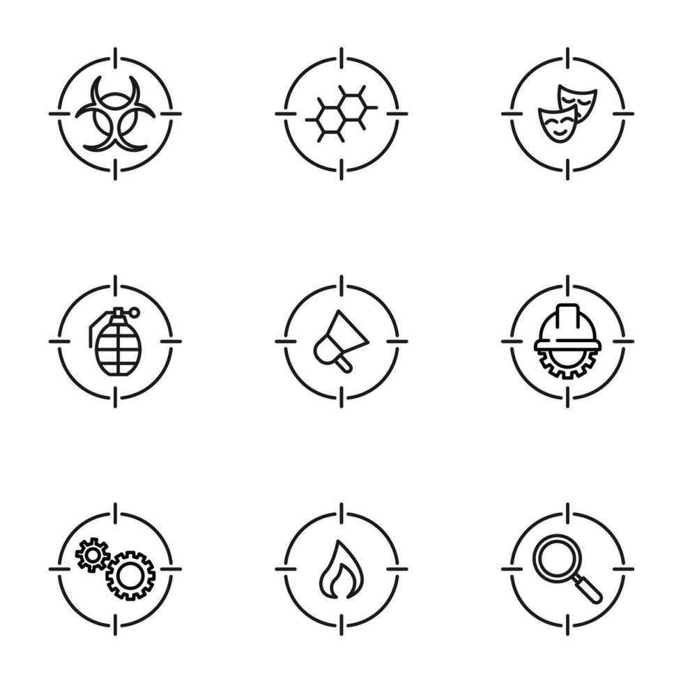 Vector outline signs and symbols drawn in flat style with black thin line. Editable strokes. Line icons of chemical compound, hazard, magnifying glass inside of sniper target