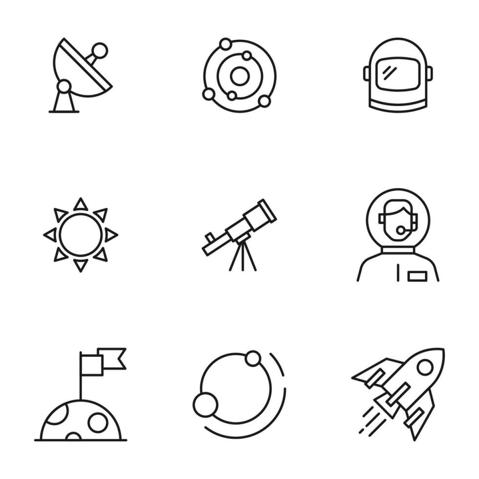 Collection of vector isolated signs drawn in line style. Editable stroke. Icons of satellite dish, cosmos, space, astronaut, The Moon, spacecraft, spaceship