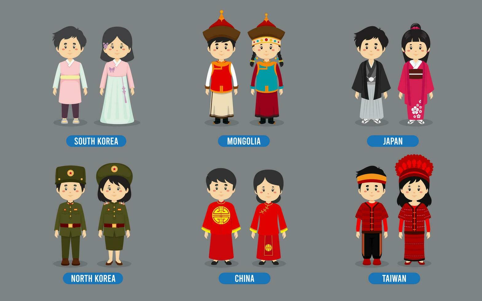 Set of Asian People Wearing Traditional Outfit vector