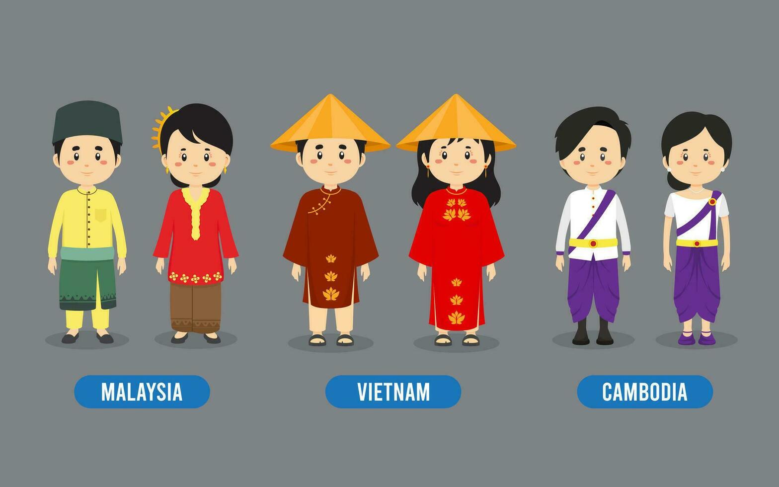 Set of Asian People Wearing Traditional Outfit vector