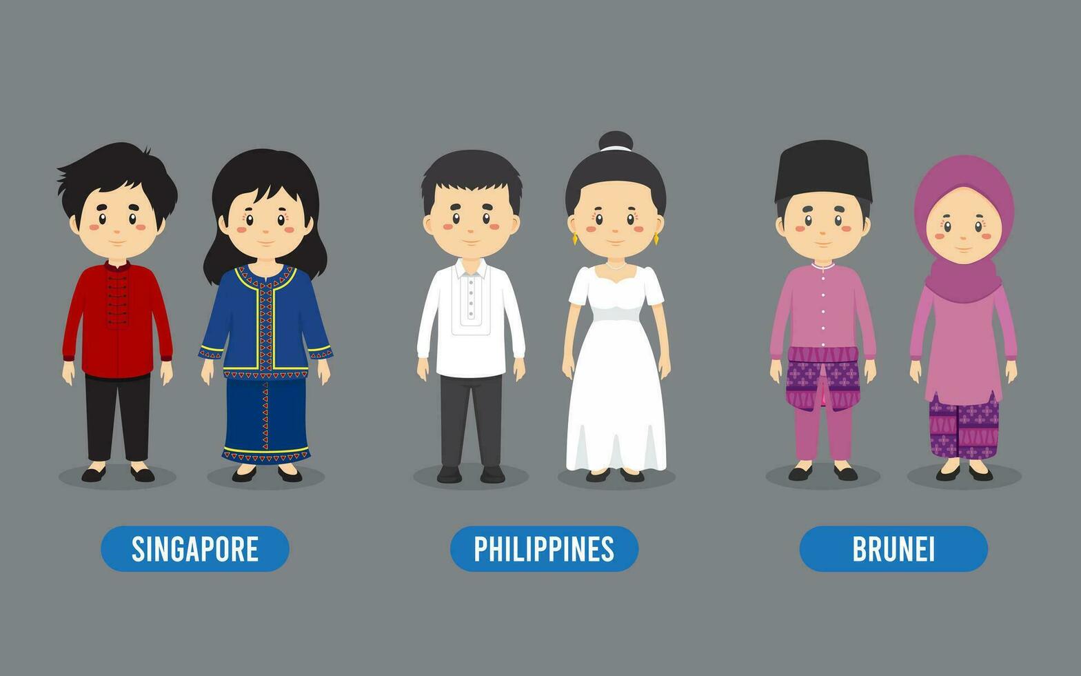 Set of Asian People Wearing Traditional Outfit vector