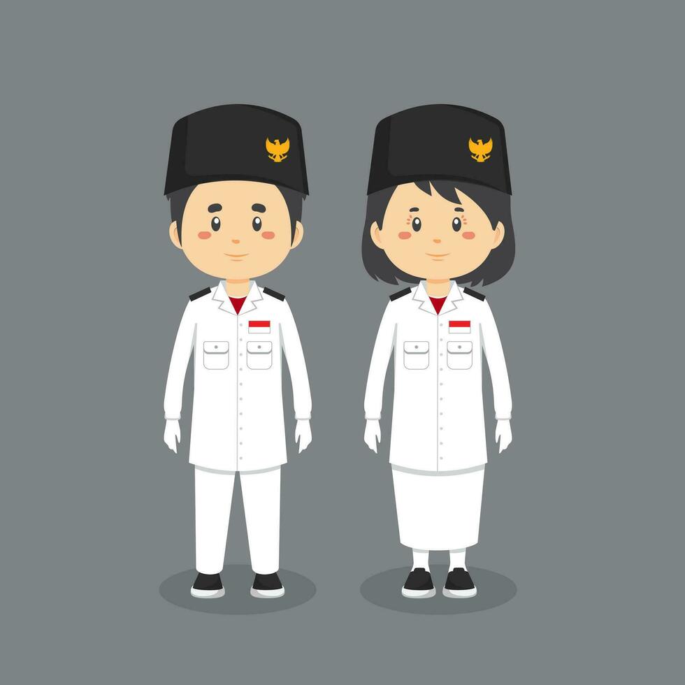 Couple Character Wearing Indonesian Flag Bearer Uniform vector