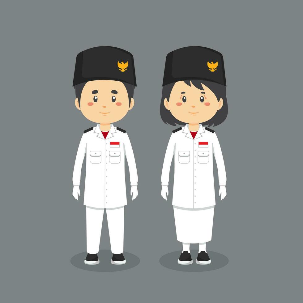 Pareja personaje vistiendo indonesio bandera portador uniforme vector