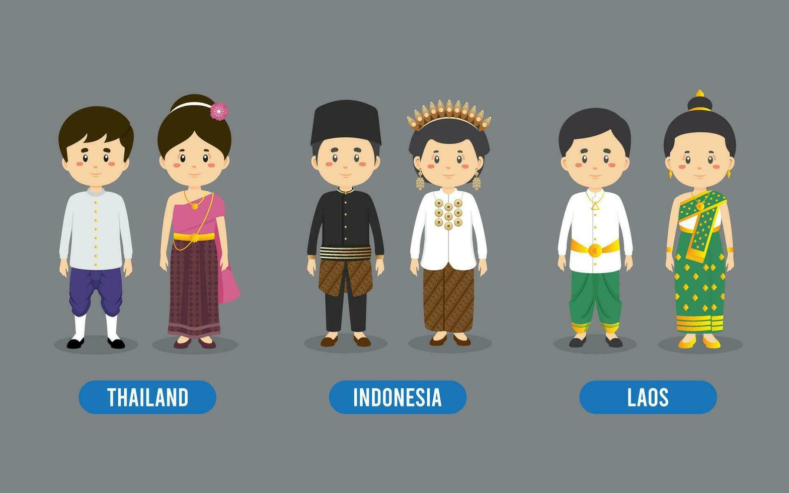 Set of Asian People Wearing Traditional Outfit vector