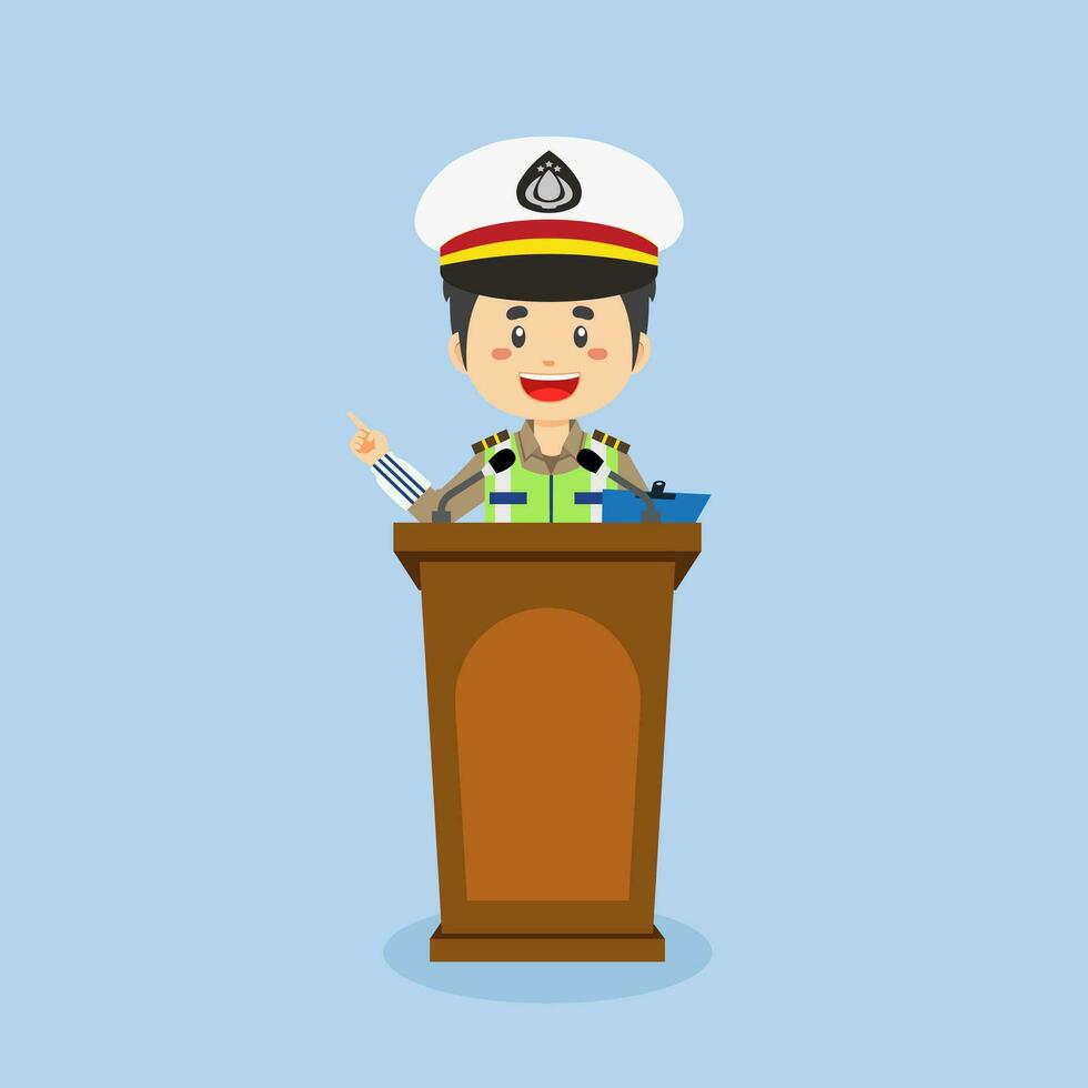 Indonesian Traffic Police Character Speak On The Podium vector