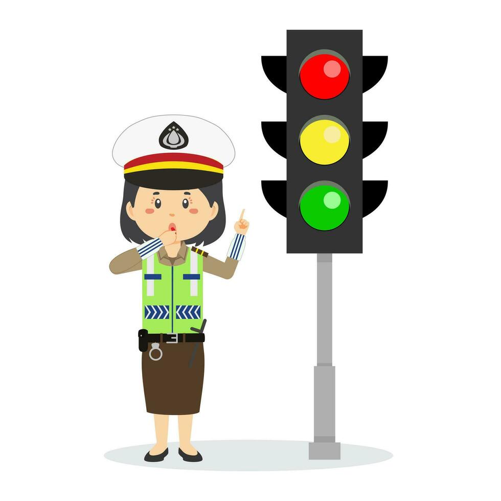 Happy Indonesian Traffic Police Character Stand Beside Traffic Lamp vector