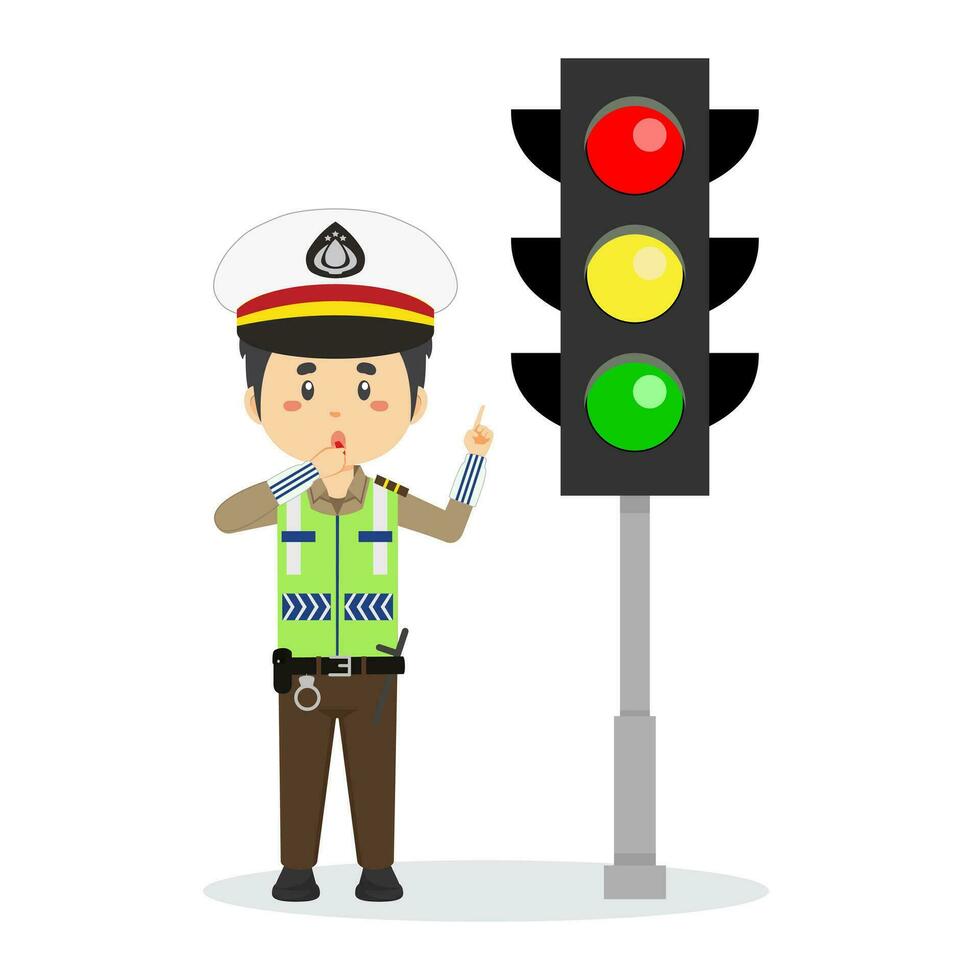Happy Indonesian Traffic Police Character Stand Beside Traffic Lamp vector